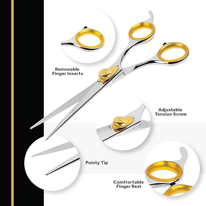 Sharf Gold Touch Pet Grooming Shear | Straight Cat & Dog Grooming Scissors | 7.5 Inch | 440c Japanese Stainless Steel Pet Dog Shearing Scissors | Animal Shears with Removable Comfort Rings