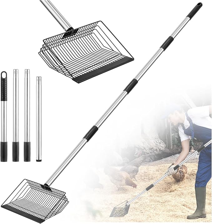 Adjustable Chicken Poop Scooper, Heavy Duty Stainless Steel Chicken Rake with 3-Slot Pole, Multi-Use Pet Waste Shovel & Hay Scooper - 36"/50"/64" Length