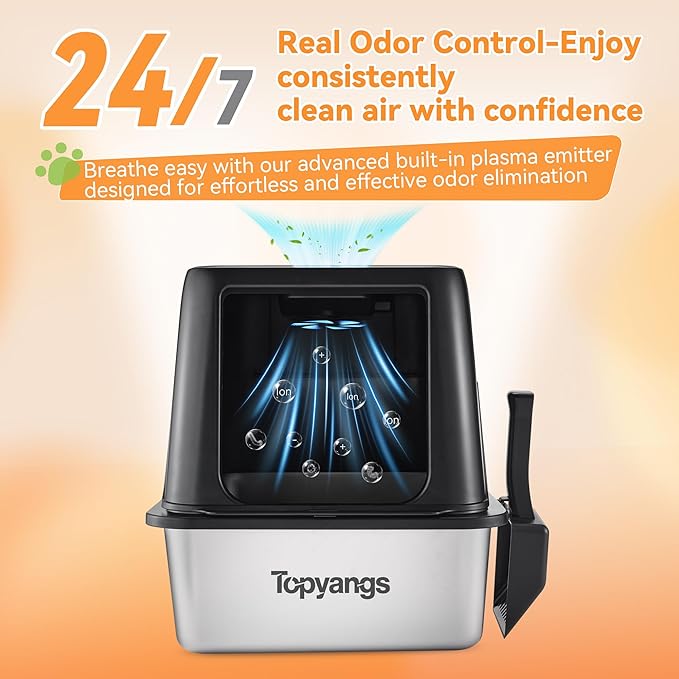Odor-Control Stainless Steel Litter Box, 135° Flip-Top Metal Cat Litter Box with Electric Deodorization, Enclosed High Sided Litter Pan, Breeze Litter Box System, Anti-Urine Leakage
