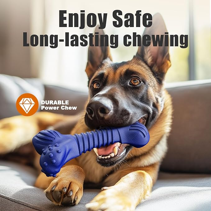 Dog Toys for Aggressive Chewers, Indestructible Chew Toys for Medium Large Dogs,Durable Rubber Dog Bones with Beef Flavor, Tough Dental Toy for Boredom Relief (Blue)