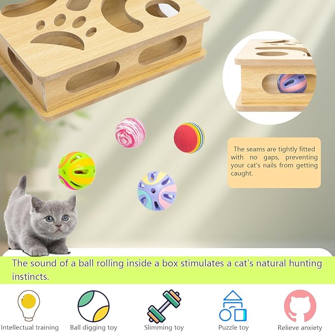 Interactive Wooden Cat Puzzle Toy Box Indoor Hunting Play Toy to Stimulate Your Cat’s Energy and Instincts (Burlywood)