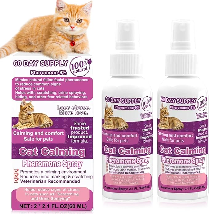 Cat Calming Pheromone Spray, Feline Calm Pheromones Spray- Anti Anxiety Pet Products, Cats Reduces Scratching Furniture Peeing Marking Calming Cat for Travel, Vet Visits - 60 Day Kit (2 * 60 mL)