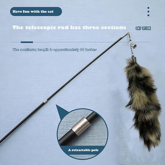 Interactive Cat Wand Toy with Cat Dancer, Retractable Feather Fox Tail Teaser for Indoor Cats, Enrichment Play Kittens to Senior Cats(Moon Grey)