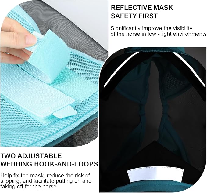 Luminous Horse Fly Mask with Long Nose, Ears, Full Face & Eye Protection - Full Mesh, Detachable Nose Cover, Fleece Padded Edging, Hook-and-Loop Straps with Webbing, Hanging Straps Mint Green