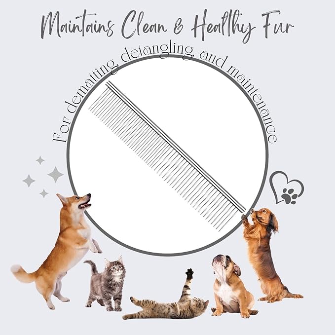 Flexzion Pet Grooming Comb Stainless Steel Cats Dogs Puppy Medium Animals Hair Fur Trimmer Deshedding Brush Accessory Tool with Smooth Teeth Needle Durable Lightweight