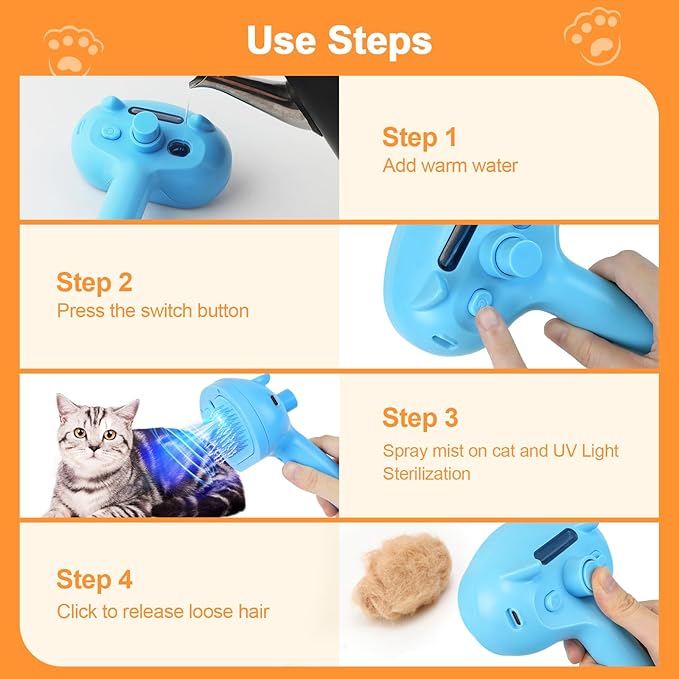 Cat Steam Brush for Shedding, 4 in 1 Steamy Cat Brush with Release Button, Self Cleaning Metal Pet Misting Hair Comb with Handle for Grooming Kitten Dog(Blue)