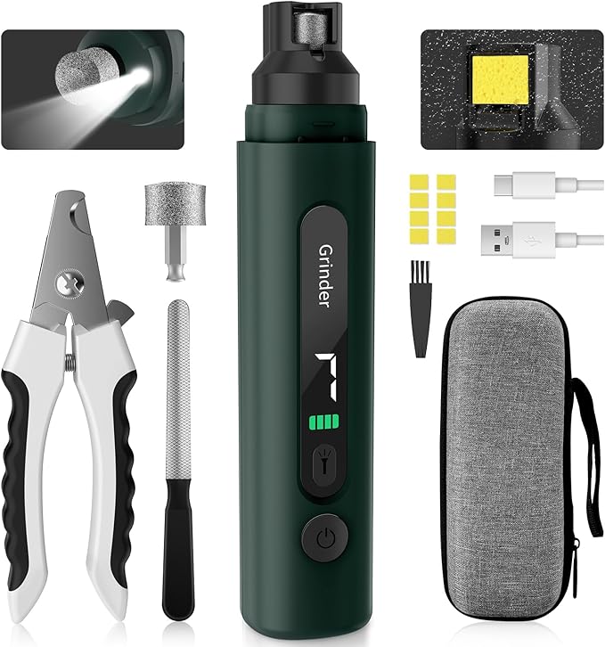 Dog Nail Grinder, 7-Speed Quiet Electric Dog Nail Trimmers, Dog Nail Clippers with Sponge Dust Collection & File for Small Medium Large Dogs, Rechargeable Pet Paw Grooming Supplies Ki(Green)