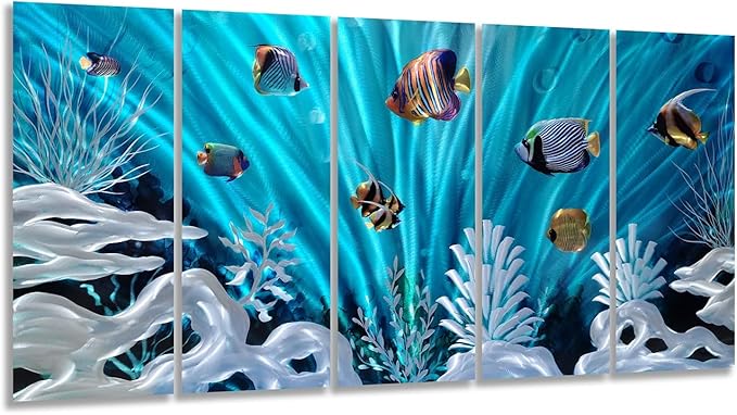 SYGALLERIER Fish Metal Wall Art Hand Crafted Large 3D Sea Life Pictures Modern Abstract Coastal Aluminum Artwork Contemporary Sculpture for Living Room Bedroom Dinning Decor