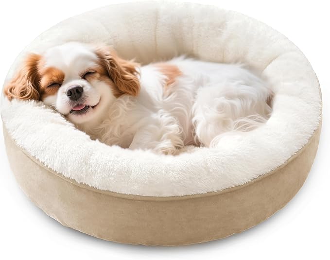 Love's cabin Round Donut Cat and Dog Cushion Bed, 25in Pet Bed for Small or Medium Dogs, Anti-Slip & Water-Resistant Bottom, Soft Durable Fabric Pet Beds, Washable Calming Cat & Dog Bed Camel