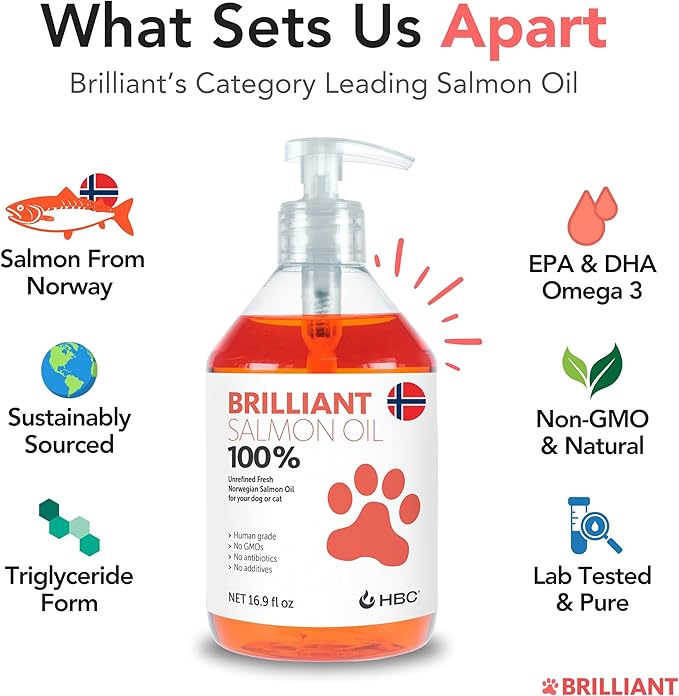 Brilliant Omega 3 Salmon Oil for Dogs & Cats - Norwegian Fish Oil Supplement with EPA & DHA Fatty Acids for Shedding, Allergy, Itching, Dry Skin & Joint Health - Skin and Coat Fish Oil Liquid, 40 Oz