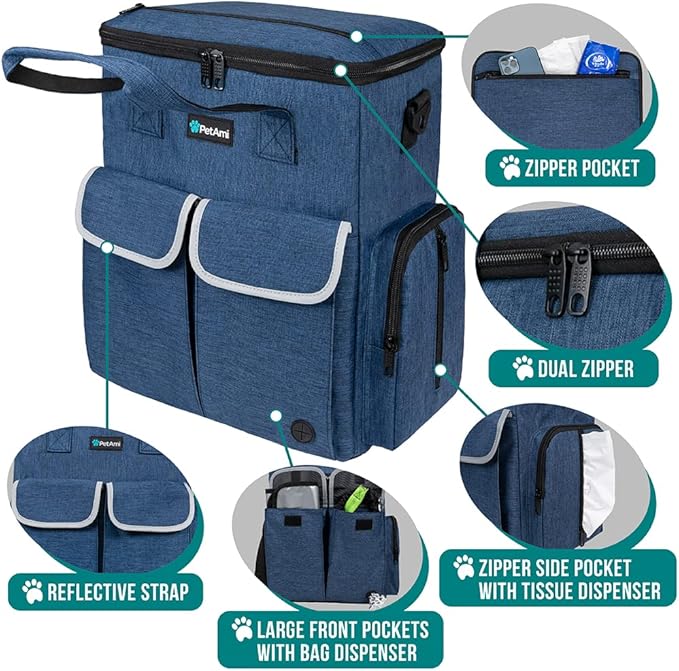 PetAmi Dog Travel Bag Pet Supplies Accessories Organizer for Traveling, Camping, Weekend; Cat Pet Travel Bag Kit Includes 2 Food Storage Containers, 2 Collapsible Bowls, 1 Feeding Mat (Navy Blue)