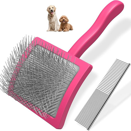2PCS Slicker Brush for Dogs & Pet Comb,Professional Dog Grooming Brush (Goldendoodles,Poodles,Labradoodles) with Extra Long Pins to Effectively Remove Tangles, Knots and Mats (Pink)