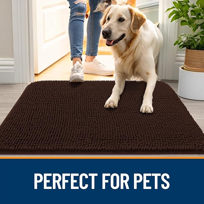 OLANLY Dog Door Mat Set 2-Piece 36x24, Absorbs Moisture and Dirt, Absorbent Non-Slip Washable Doormat, Quick Dry Chenille Mud Mat for Dogs, Entry Indoor Entryway Carpet for Inside Floor, Brown