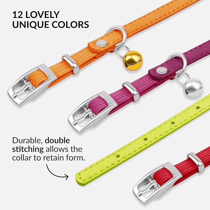 CollarDirect Leather Cat Collar with Bell - Kitten Collar, Small and Big Cat Collar for Boy Cats, Girl Cats with Safety Elastic Strap (Neck Fit 6"-7", Lime Green)