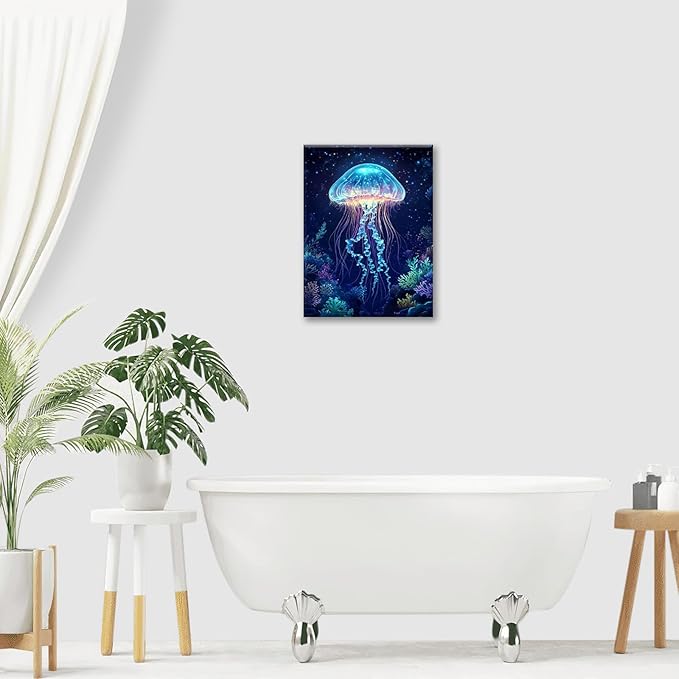 Ocean Jellyfish Wall Art Canvas Coral Fish Wall Decor Prints Framed Painting Underwater Pictures Gifts Artwork for Bathroom Living Dining 16"x20"