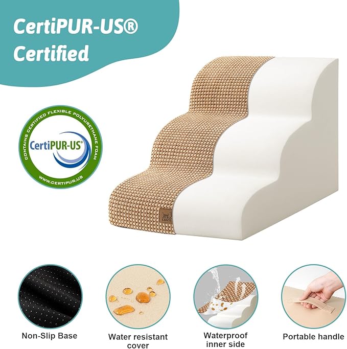 Dog Stairs for Small Dogs 15.7" H, Curved Dog Step for Puppy, Older Cat, Medium Pet Ramp for Sofa, Couch or Chair, Ladder with High Density Foam, 15.7x22.4x15.7 inch, 3 Step, Light Brown