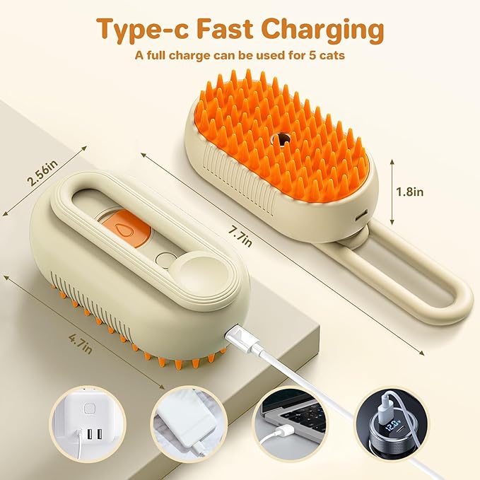 LunaSync Cat Steam Brush for Shedding, 4 in 1 Rechargeable Pet Grooming Brush for Cats and Dogs, Anti-Static Deshedding Tool with Massage & Cleaning, Comb for Long Short Hair - Beige