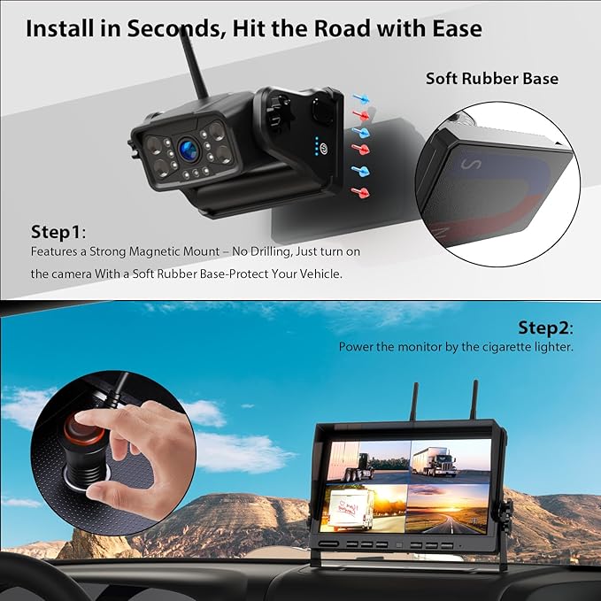 Magnetic RV Wireless Backup Camera, HD 1080P 10" Loop Recording Monitor, 2-Rear View 2-Side View Cameras Wireless System for RV Trailer Trucks, Built-in 9600mAh Battery, Night Vision- ZEROXCLUB BC104