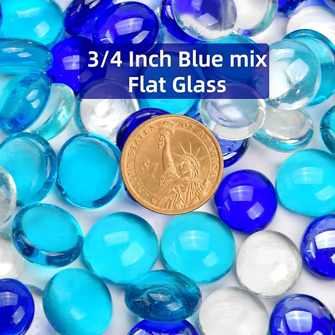 2LB Blue Mix Flat Glass Marbles for Vases, Mancala Stones Gemstone Beads Vase Filler Decorative Glass Pebbles for Fish Tank, DIY Crafts, Aquarium Decor Rocks