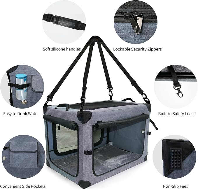NEZUC Soft Collapsible Dog Crate - 30 Inch Portable Soft Sided Travel Dog Crates for Medium Dogs, 4-Door Foldable Dog Carrier, Pet Kennel Indoor & Outdoor (Gray, 30.0" L x 20" W x 20.0" H)