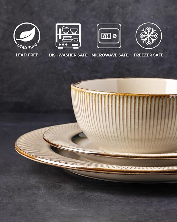 GBHOME Ceramic Dinnerware Sets,12 pcs Embossed Elegant Stoneware Plates and Bowls Sets, Housewarming Wedding Gift | Dishwasher & Microwave Safe | Dishes Set Service for 4