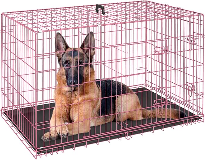 FDW Dog Crate for Large Dogs 48 Inch Folding Metal WirePet Cage Double Door W/Divider Panel Indoor Outdoor Kennel Leak-Proof Plastic Tray,Pink