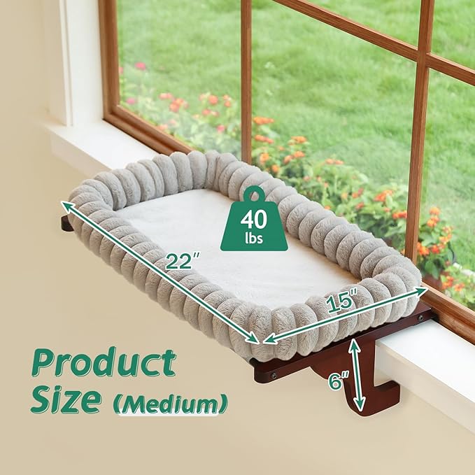 SnugCloud Cat Window Perch with 4-Sided Bolster - Orthopedic Cat Hammock for Window Sill - Solid Hardwood & Metal Frame - Window Seat for Pets (Dark Stained Wood w/Gray Bed, Medium)