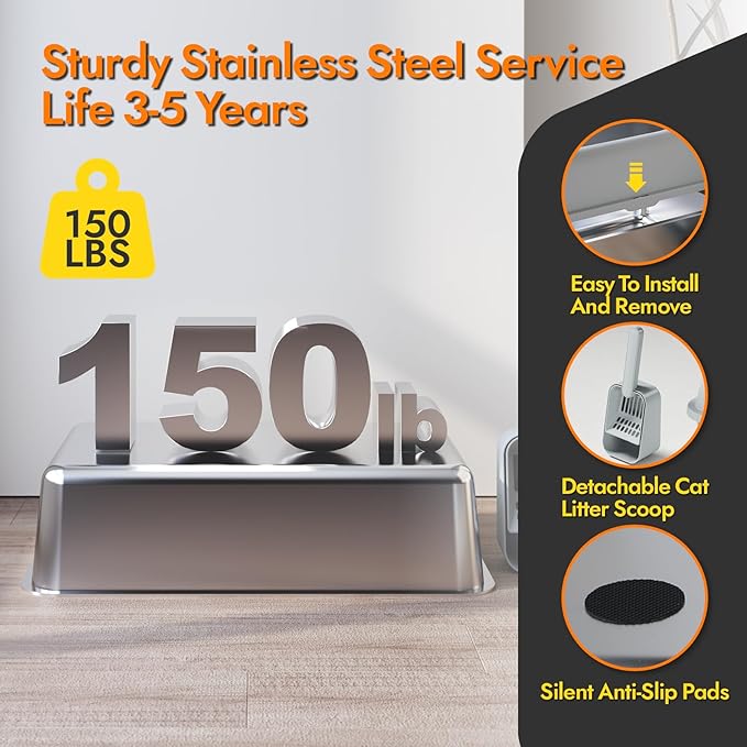 Stainless Steel Cat Litter Box with Lid, 20" L x 14.2" W x11.8 H, Large Cat Litter Box for Multiple Cats with High Sided, No-Leak & Stick, Easy to Clean, Includes Litter Mat & Multi Functional Scoop