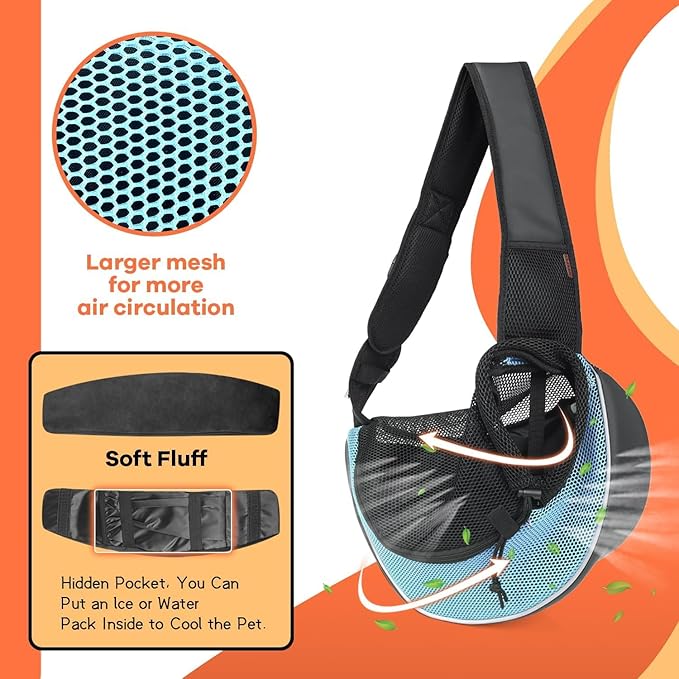 YUDODO Pet Sling Carrier for Small Dogs & Cats – Hands-Free Puppy Carrier with Safety Hook, Large Zipper Pocket, Soft Breathable Mesh, Adjustable Strap & Reflective Strip (Cyan 3.0 M)