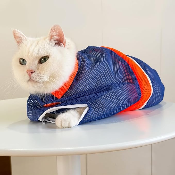 Cinf Cat Bathing Bag, Breathable Mesh Anti Scratch Adjustable Cat Grooming Bag for Nail Trimming, Bathing Soft Cat Washing Bag(Orange Blue) L