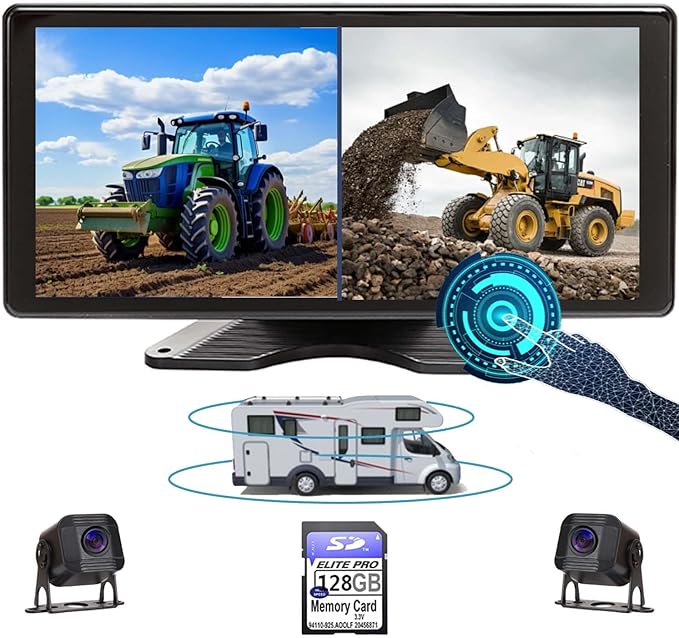 Skid Steer Touchable Screen 128GB Large Audio 1080P 2 Split Image 11 Inch Monitor Backup Camera Built-in DVR Video for RV Truck Trailer Rear Front Reversing Wired Waterproof System D102