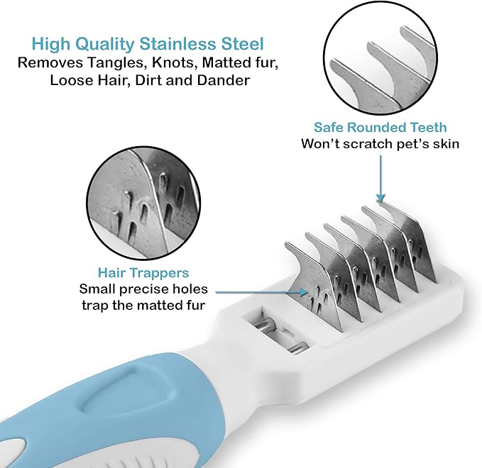 Pets First Professional Pet Mat Remover - Dematting Tool for Grooming Cats & Dogs - Removes Matted Fur, Tangles, Knots, Loose Hair & Dirt - Stainless Steel, Gentle Teeth, Soft Comfort Grip Handle,Blue