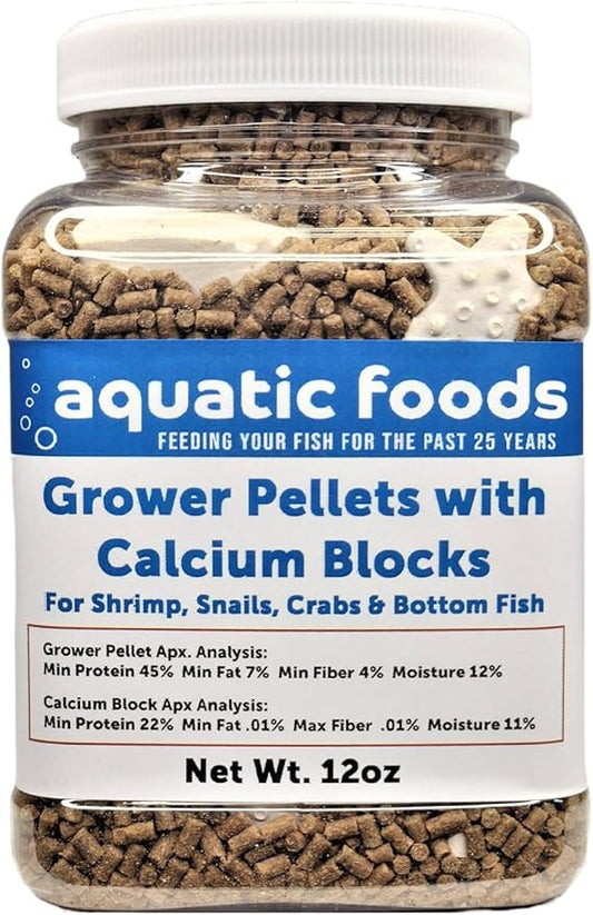 Aquatic Foods Inc. Shrimp Grower 45% Protein 1/16" x 3/8" Sinking Pellets with 15 Calcium Enriched Food Disks for Shrimp, Snails, Crabs, Catfish, Plecos, Bottom Fish, All Tropical Fish...12oz Jar