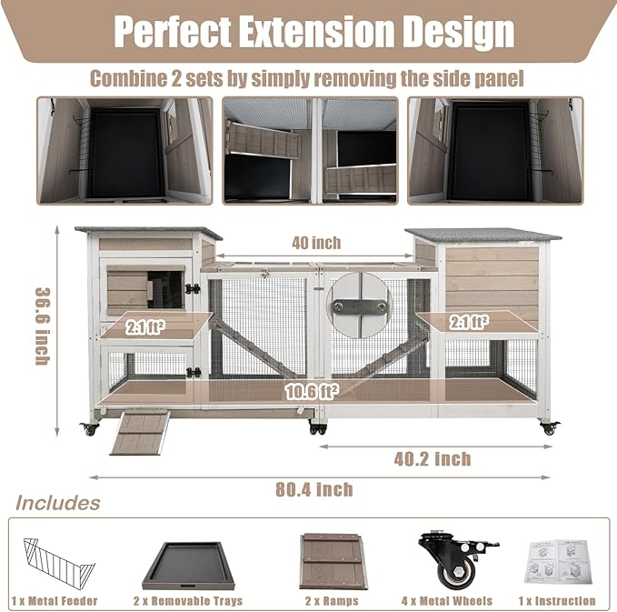 Rabbit Hutch Indoor 40" L Large 2 Story Outdoor Wooden Bunny Hutch with Run, 4 Metal Wheels & 2 Deeper Trays, UV-Proof Panel Rabbit Cage Guinea Pig Pet House for Small-Medium Animals