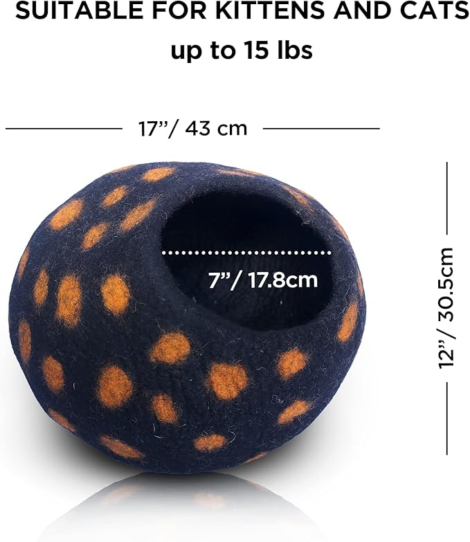 Woolygon Premium Felt Cat Cave Bed - Polka Dot Series - Wool Kitty Beds Handcrafted Kitten Caves Bed for Indoor Cats - Eco-Friendly Merino Wool, Foldable Cat Hideaway Cat Houses (Yellow/Black Dots)