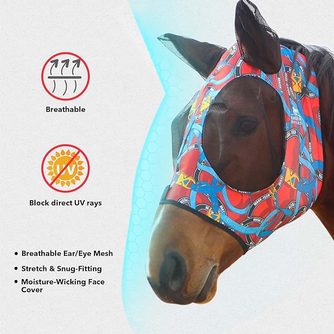Harrison Howard Super Comfort Stretchy Fitting Horse Fly Mask with UV Protection Soft on Skin with Breathability Knitted Printing Medium