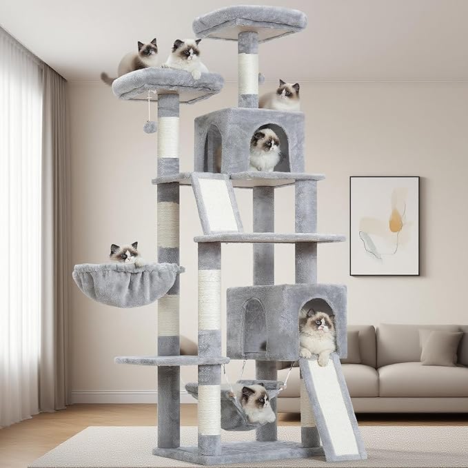Cat Tree for Indoor Cats, 71'' (180cm) Multi-Level Cat Tower for Large Adult, Sturdy Cat Tree House with 2 Scratching Boards 7 Posts, 2 Plush Perches/Condos, Hammock, Light Gray GCT032W