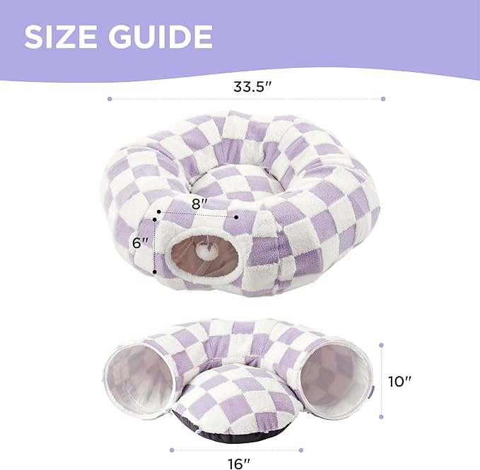 Lesure Cat Tunnel Bed for Indoor Cats - Cute Cat Donut Tunnel Toys for Small Large Cats with Washable Circle Cushion, Round Pet Peekaboo Cave Toy for Kitten/Puppy/Rabbit, Standard Purple