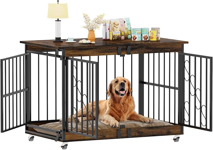 COZPAW Dog Crate Furniture, 48 Inch Dog Crates for Medium/Large Breed, Farmhouse Wood Metal Kennel Indoor Heavy Duty Pet Cage with Caster Wheels (Brown)