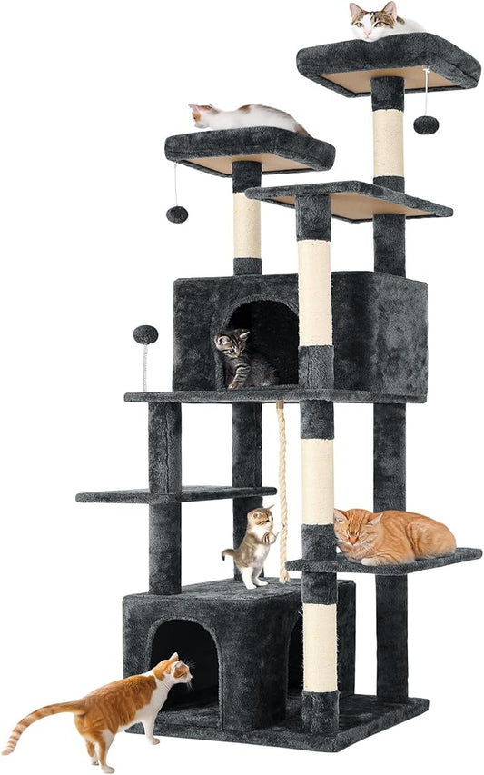 69in Large Cat Tree Tower for Indoor Cats with Soft Plush Hang Ball, Two Condos, Sisal Scratch Posts & Rope Play for Kittens/Adult Cats, Deep Grey