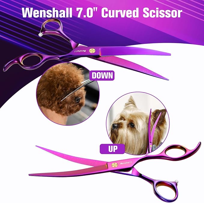 Professional Dog Grooming Scissors Set - 6.5" Thinning, 7" Straight, 7" Up-Curved, 7" Down-curved Scissors and Comb for Dog Cat Pet (Purple)