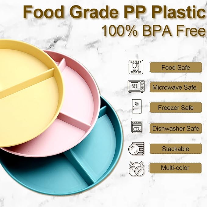 Divided Plates for Adults (8 Packs), Unbreakable Portion Control Plate Sectioned with Dividers, 9 Inch Plastic Food Separator Dinner Plates Lightweight Compartment BPA Free Reusable Microwave Safe