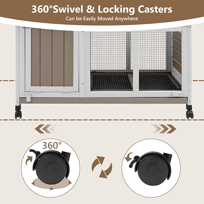 38''L Rabbit Hutch Outdoor Indoor with Wheels, Wooden Expandable 2 Story Bunny House Rabbit Cage with Run, Waterproof Roof, Pull Out Tray, Guinea Pig Cage Chicken Coop for Small to Medium Pets