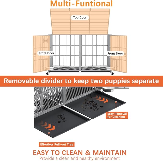 aboxoo 48/42 inch Heavy Duty Metal Dog Crate for 2 Dogs/Large Dog,All Metal Open Top,Dog Kennel Indoor with Wheels,Floor Grid, Tray, Divider and Feeding Bowl (Sliver)