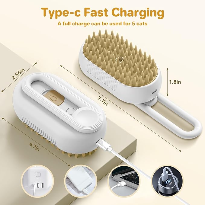LunaSync Dog Cat Steam Brush for Shedding, 4 in 1 Rechargeable Pet Grooming Brush for Cats and Dogs, Anti-Static Deshedding Tool with Massage & Cleaning, Comb for Long Short Hair - White