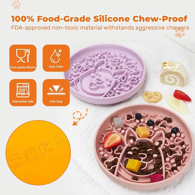 Dog Slow Feeder Bowl, Silicone Dog Bowl, Non-Slip Suction Cups Design,Boring and Anxiety Reducer.(Light Purple)