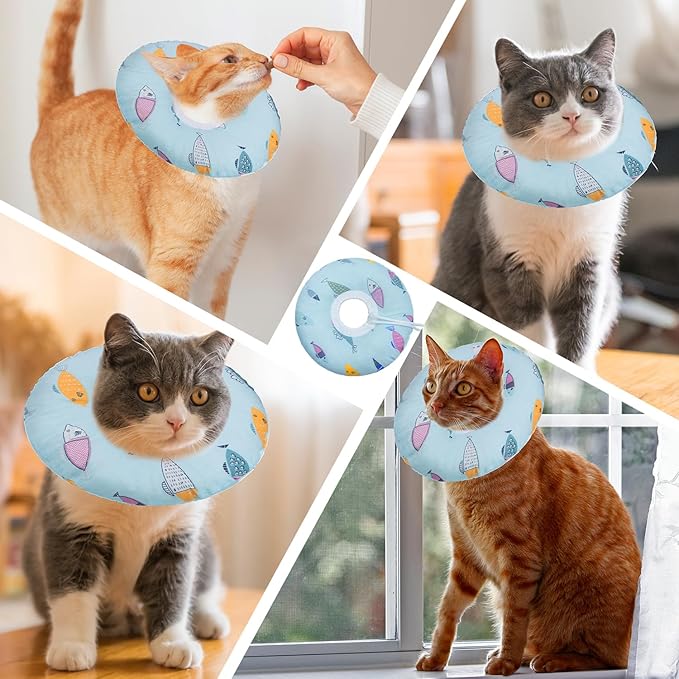 Cat Cone Collar Soft, Adjustable Cat Recovery Collars Kitten Cones to Stop Licking, Cute Donut Cones for Cats After Surgery, Elizabethan Collar for Kittens After Spay(Blue Fish, Large)
