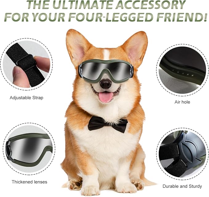 NVTED Dog Sunglasses Goggles, UV Wind Dust Fog Protection Pet Glasses Eye Wear Protection with Adjustable Strap for Medium or Large Dog (Green)