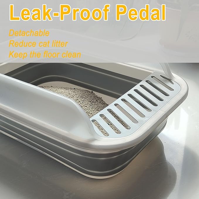 Open Cat Litter Box with High Side, 20.67 X 15.16 inch Anti-Splashing Kitty Litter Pan Collapsible Travel Litter Potty Pan Scoop Leak-Proof Pedal Cat Toilet No Smell Easy Clean (L Gray High Side)