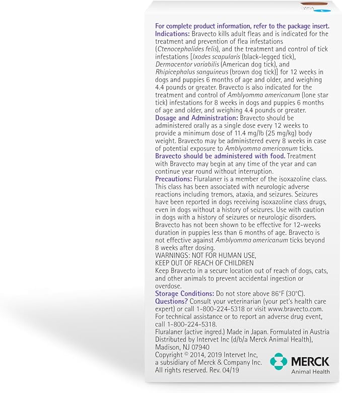 BRAVECTO Chew for Dogs, Flea & Tick, 1 Chew, 12 Week Supply, >44-88 lbs., Blue Box